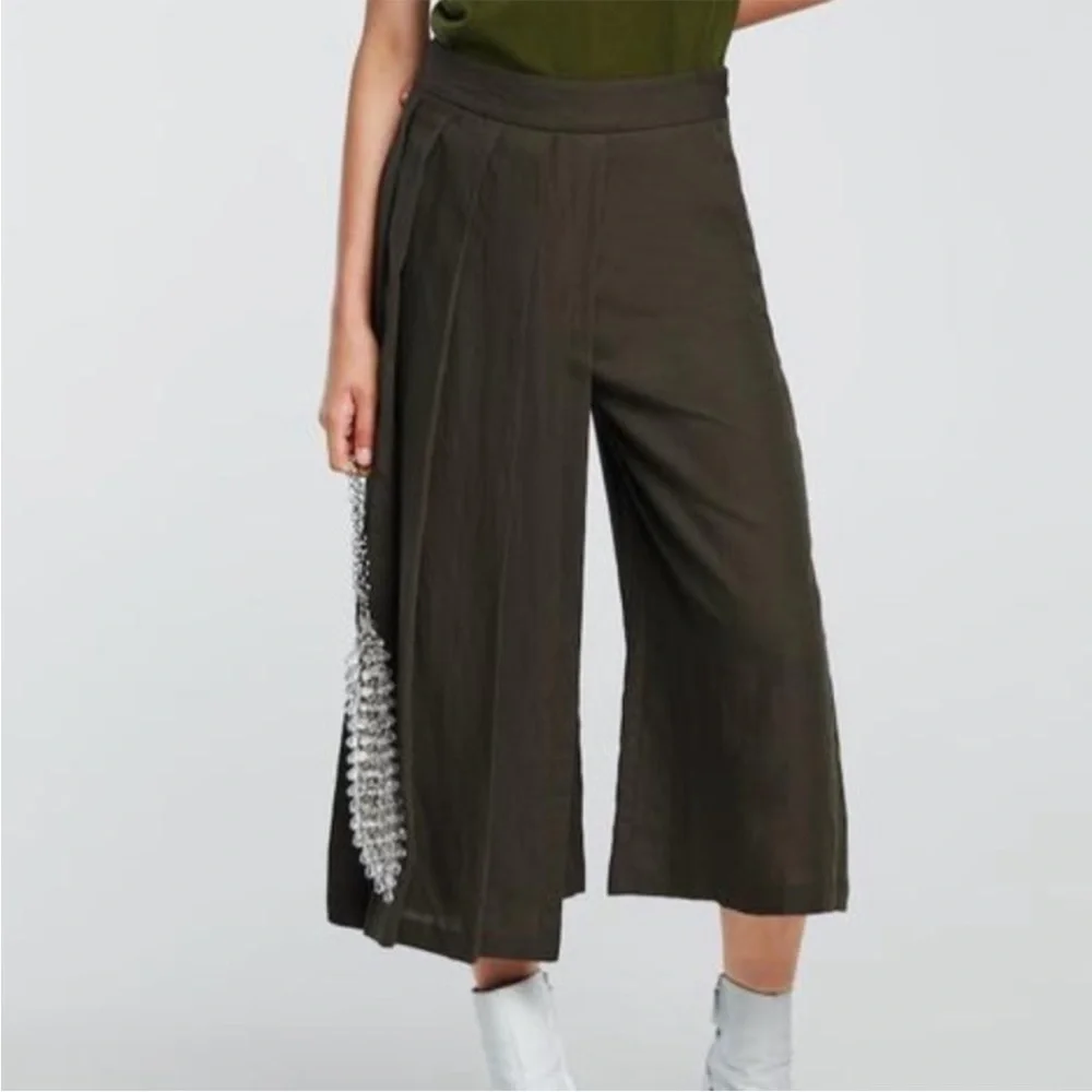 NWOT Zara Olive Green Pleated Split Skirt Culottes